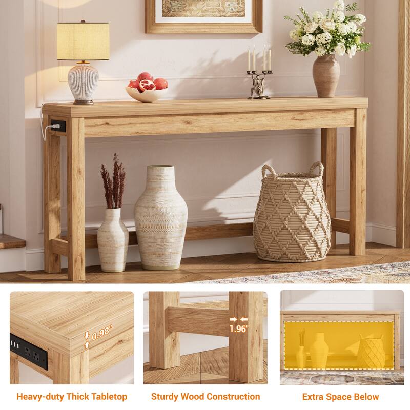 63-In Console Table with Charging Station, Farmhouse Entryway Table/ Behind Couch Table
