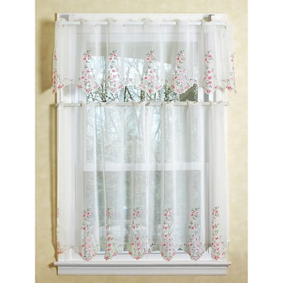 Violet Linen Lima Sheer White Flowers Design 3pc Set 60" x 18" Valance, 30" x 36" Tiers, Decorative Window Kitchen Curtain Set
