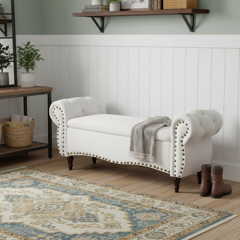 53 in Tufted Rolled Arm Storage Bench with Nailhead Trim