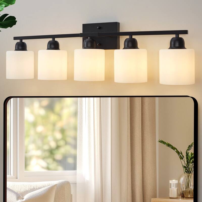 Modern Bathroom Vanity Light With Frosted Milk Glass Shades - 5-Lights - Black