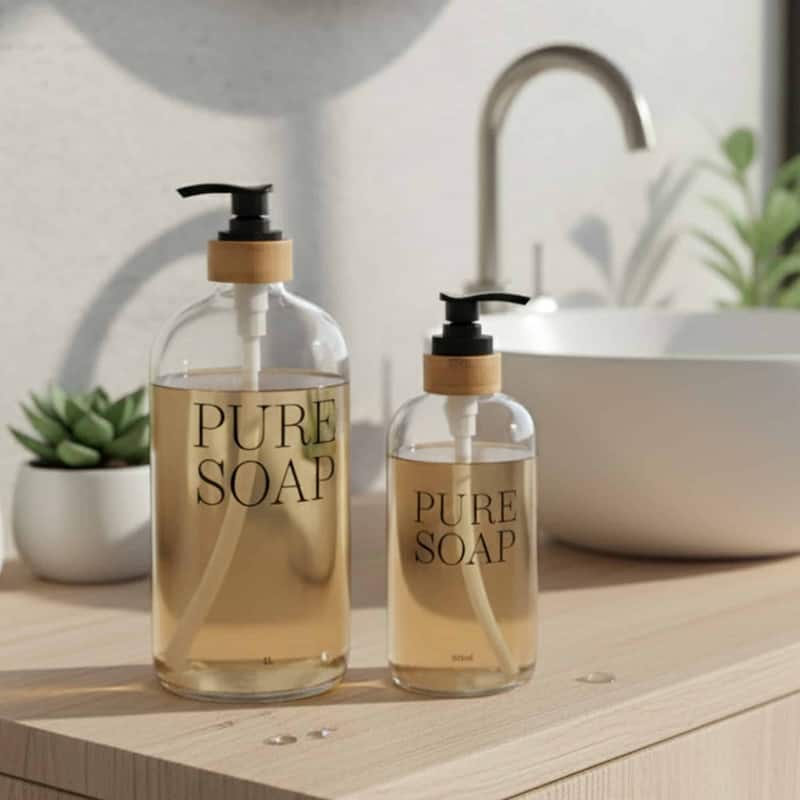 Glass and Bamboo Soap Dispenser PURE SOAP 17 or 34 FL OZ - Clear
