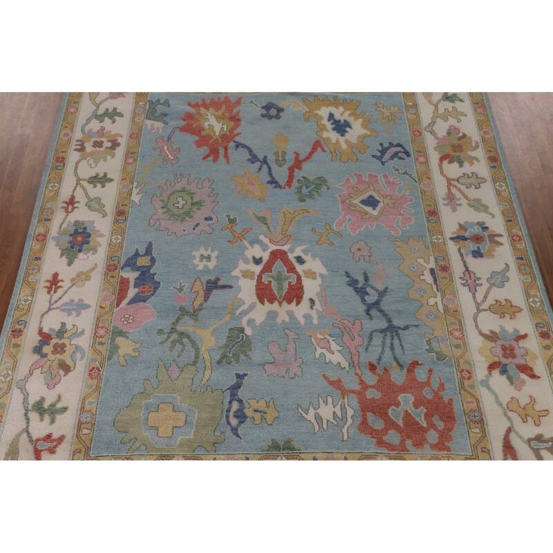 Light Blue Floral Oushak Oriental Area Rug Handmade Wool Carpet - 9'0"x 11'9"