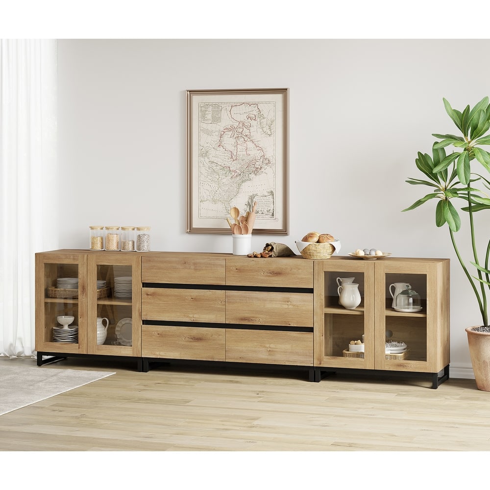 WAMPAT 3 in 1 Multifunctional Dresser with Glass Doors and 6 Drawers, Modern Chest of Drawers for Bedroom