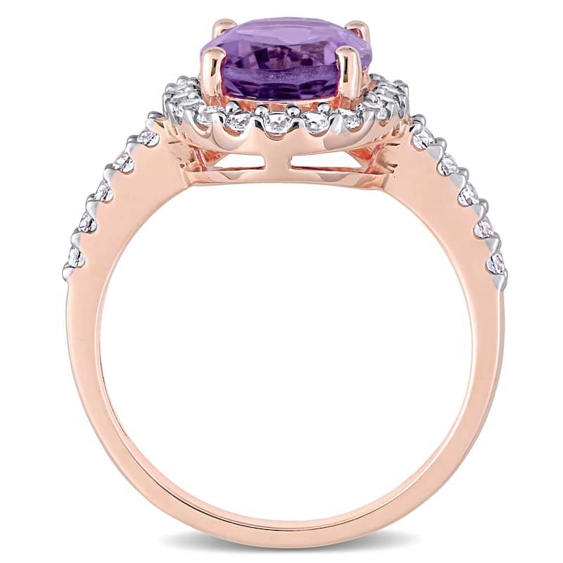 Oval-cut Amethyst and Created White Sapphire Halo Engagement Ring in 10k White Gold by Miadora