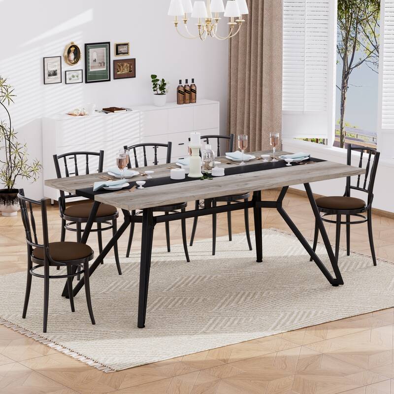 70.9" Large Dining Table for 6-8, Modern Farmhouse Kitchen Table with Spacious Tabletop & V-Shaped Steel Base, Adjustable Legs - Grey