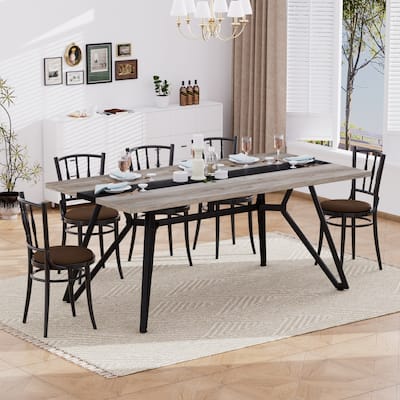 70.9" Large Dining Table for 6-8, Modern Farmhouse Kitchen Table with Spacious Tabletop & V-Shaped Steel Base, Adjustable Legs