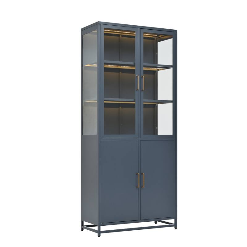 76.75'' Glass Display Cabinet w/LED Light, Tall Bookshelf with Double Glass Doors Bookshelves Bookcase