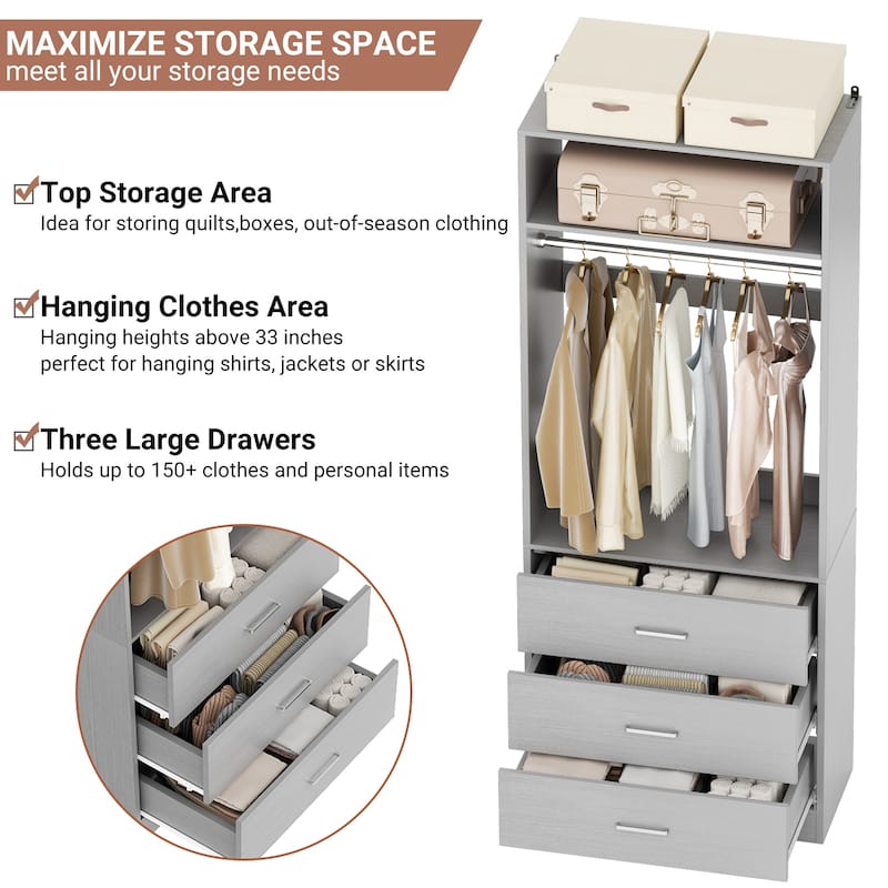 Kyrvo Freestanding Closet Sytem with 3 Wooden Drawers and Hanging Rod and Storage Shelf, Walk-in Closet Organizer Wardrobe