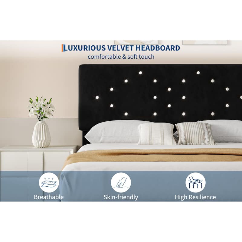 Velvet Upholstered Bed Frame, Vertical Channel Tufted & Sturdy Wood Slats
