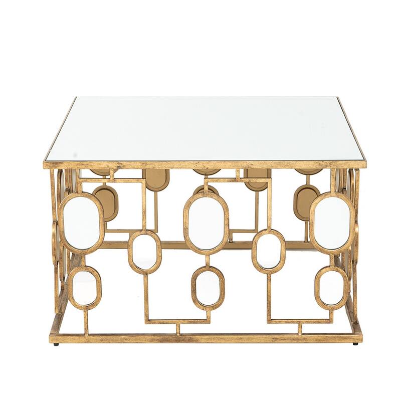32 Inch Coffee Table, Mirror Top, Geometric Patterns, Iron, Modern, Gold