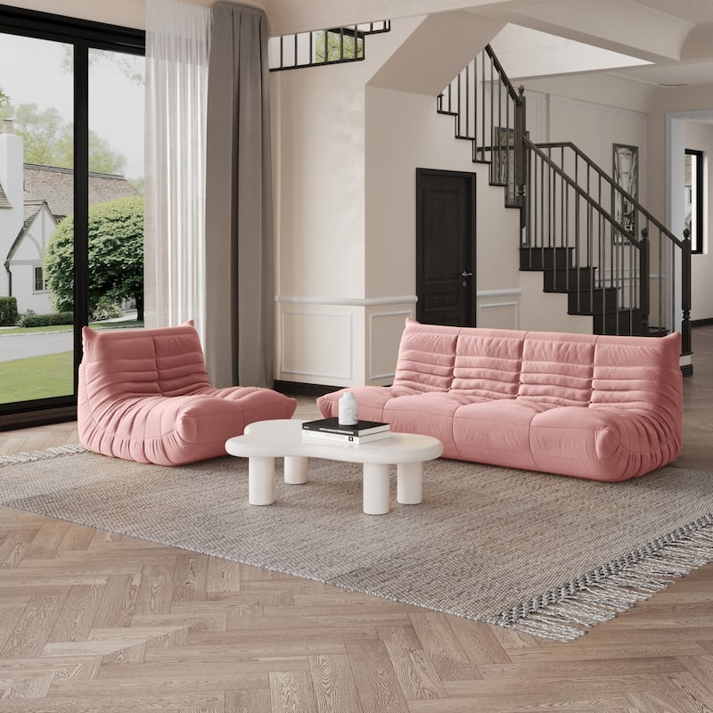 Modern Bean Bag Chair, Teddy Fabric Lounger Chair Lazy Sofa Set - Pink