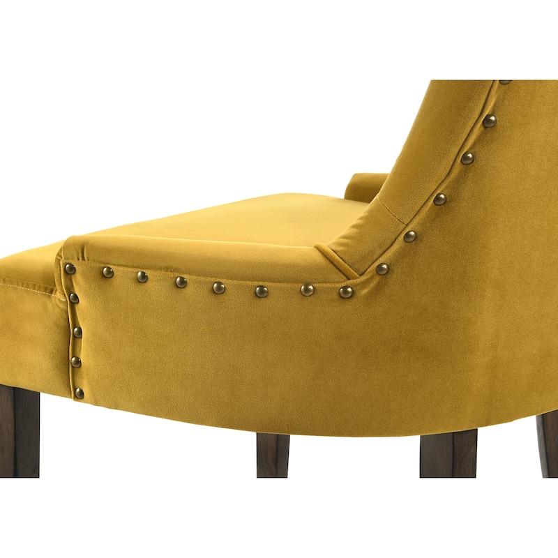 HomeRoots Set of Two Tufted Yellow and Espresso Upholstered Velvet And Solid Wood Dining Side Chairs