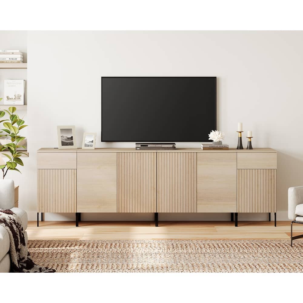 94.5" Modern Reeded Dresser TV Stand For Tvs Up To 100 Inch, Entertainment Center With Charging Station