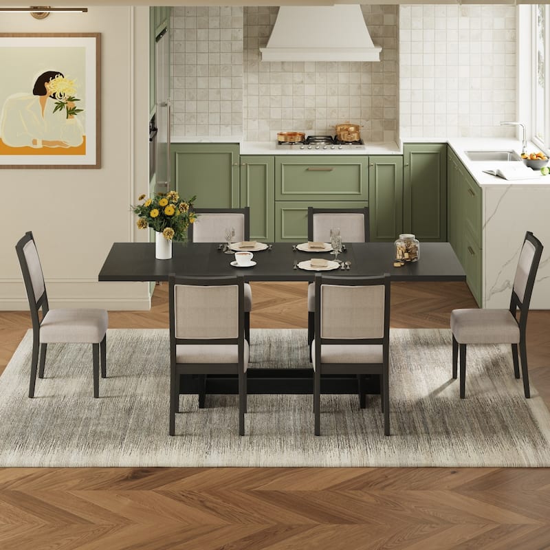 7-Piece Set, 58-82" Extendable Dining Table with 6 Upholstered Dining Chairs