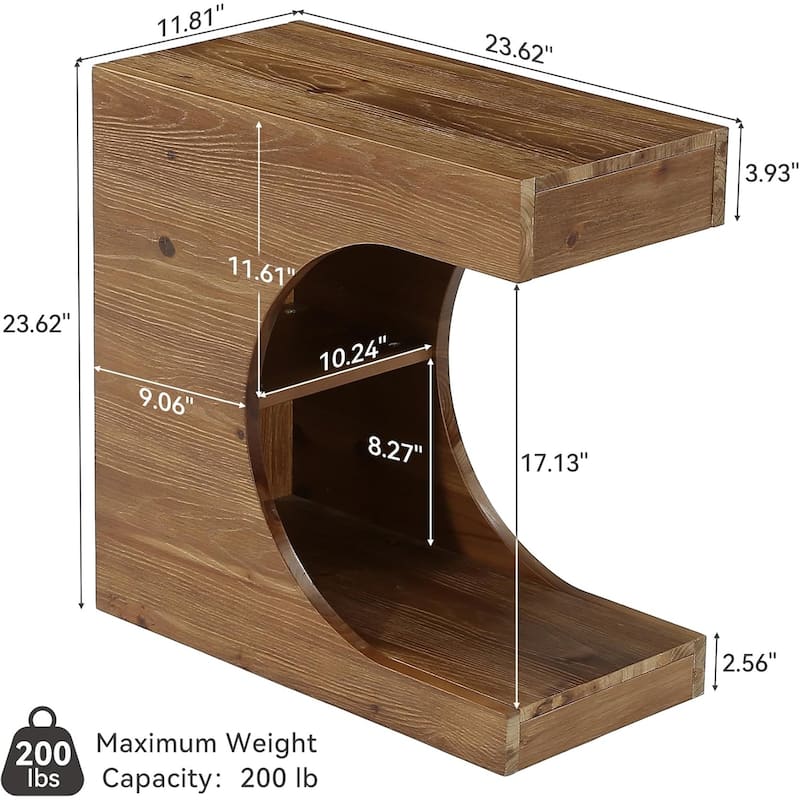 Solid Wood End Table, Modern C-Shaped Side Table with 2-Tier Storage, Minimal Rustic Couch Bedside Table Nightstand