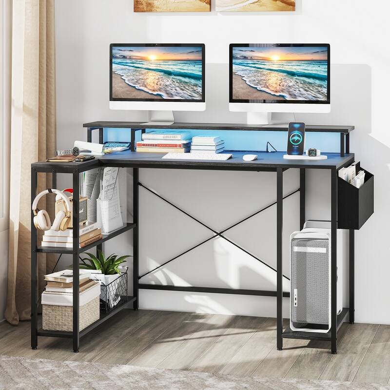 48 Inch L Shaped Computer Desk with LED Lights Gaming Workstation with Monitor Stand Storage