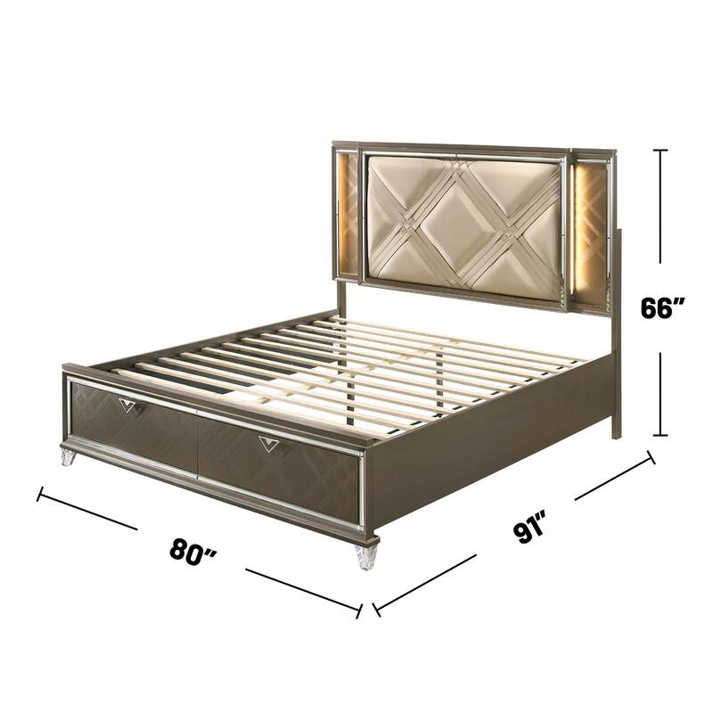 Faux Leather Bed with 2 Drawers in Dark Champagne Finish