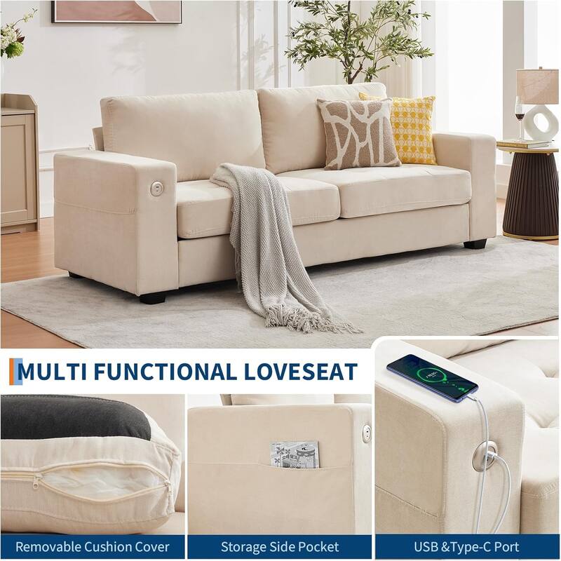 89" Versatile Contemporary Sectional Sofa In Chenille Fabric for Two with USB Charging Port and Side Storage Pocket,