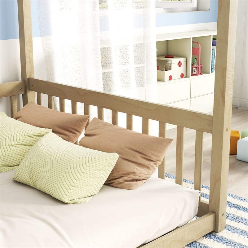Full Size Canopy Frame Floor Bed with Fence,Guardrails