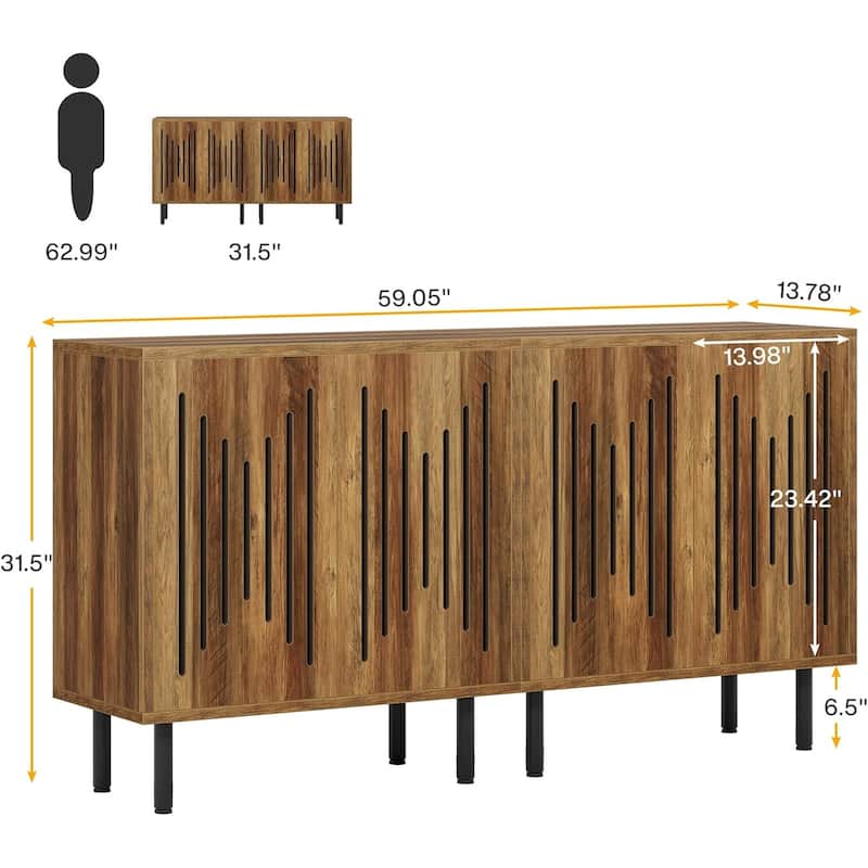 Modern Sideboard Buffet Cabinet with Adjustable Shelves and Metal Legs for Dining Room Storage - 59.05"L x 13.78"W x 31.49"H