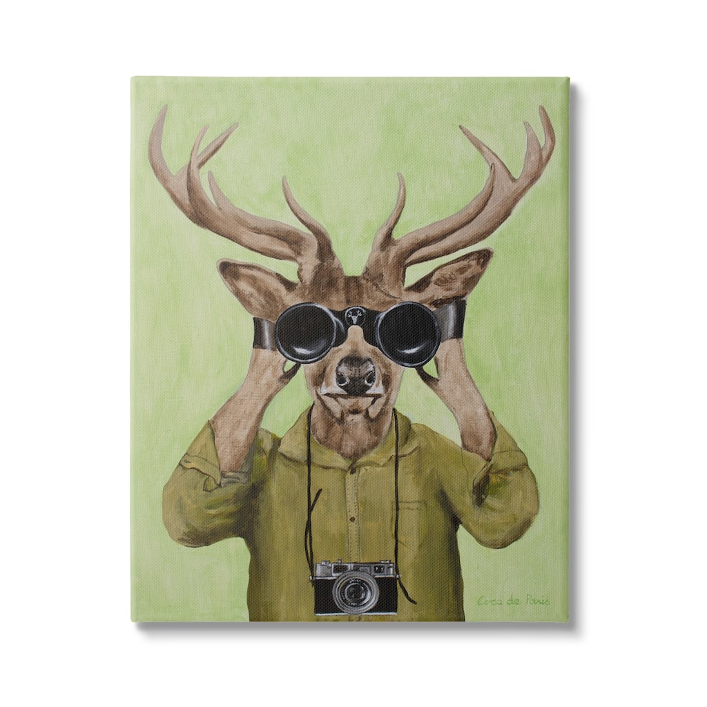 Stupell Funny Cute Deer Binoculars Camera Painting Green Background Canvas Wall Art
