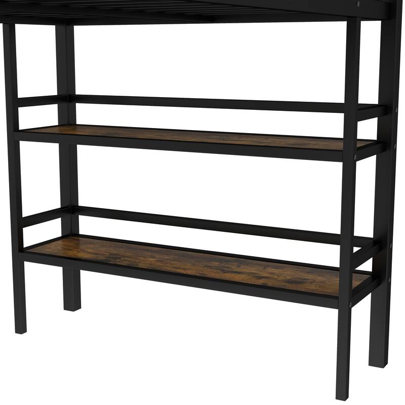 Twin Size Metal Loft Bed with Storage Shelf, Ladder & Guardrails for Kids, Black