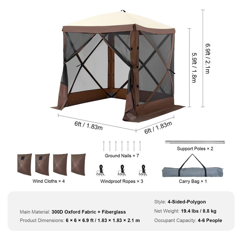 6x6FT Pop Up Gazebo Tent with Mesh Sides & Removable Wind Panels