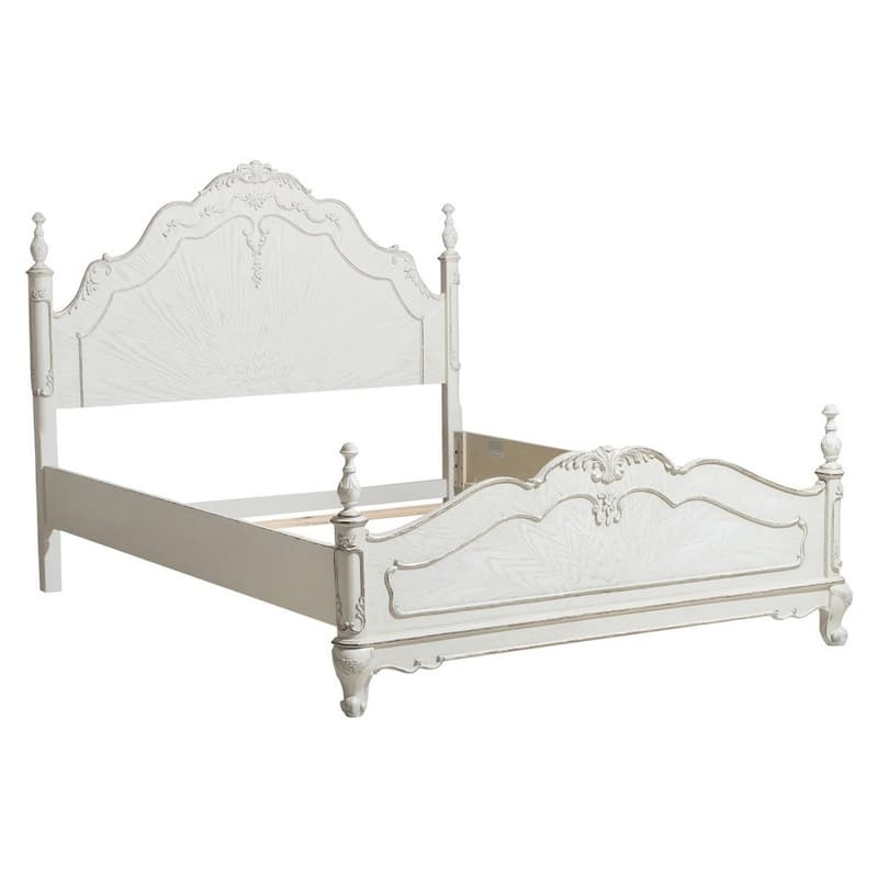 Princess Full Size Bed, Floral Motif Carvings, Finial Accents Antique White