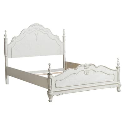 Princess Full Size Bed, Floral Motif Carvings, Finial Accents Antique White
