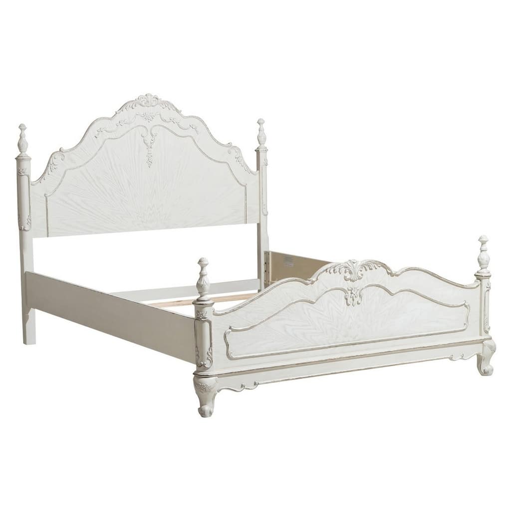 Princess Full Size Bed, Floral Motif Carvings, Finial Accents Antique White