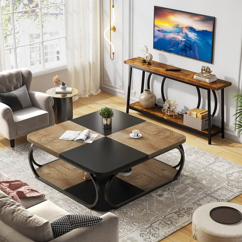 39'' 2-Tier Square Coffee Table with Metal Frame for Living Room