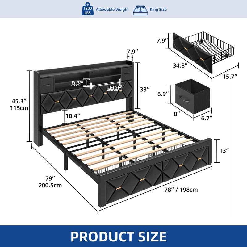 Moasis Upholstered Bed Frame with Storage Headboard And Charging Station and LED Light
