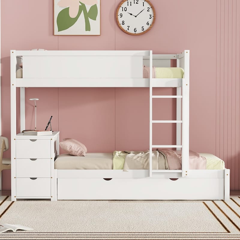 Twin-Over-Twin Bunk Bed with Trundle, Storage, Desk, USB Ports, White
