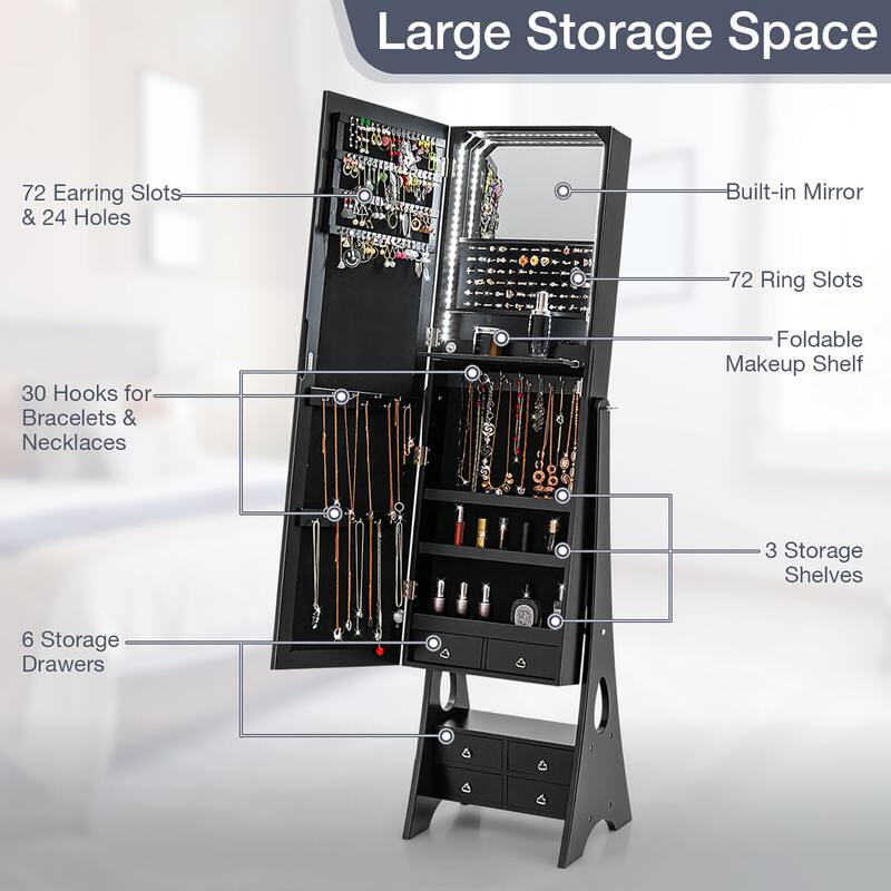 Gymax Jewelry Cabinet Armoire Full Length LED Mirror W/ 6 Drawers &