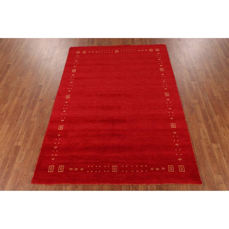 Red Gabbeh Oriental Area Rug Hand-Knotted Modern Wool Carpet - 5'7"x 7'9"