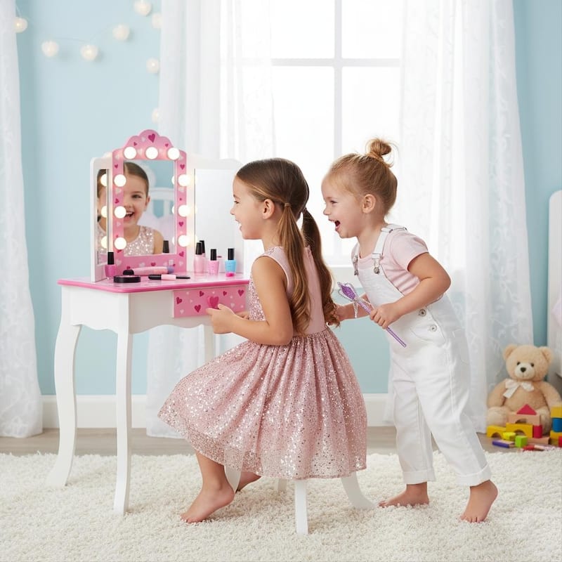 Teamson Kids Wooden Play Vanity Set with Tri-Fold Mirror, Storage Drawer and Stool, Kids Dressing Table for Girls Ages 3-5 - Pink