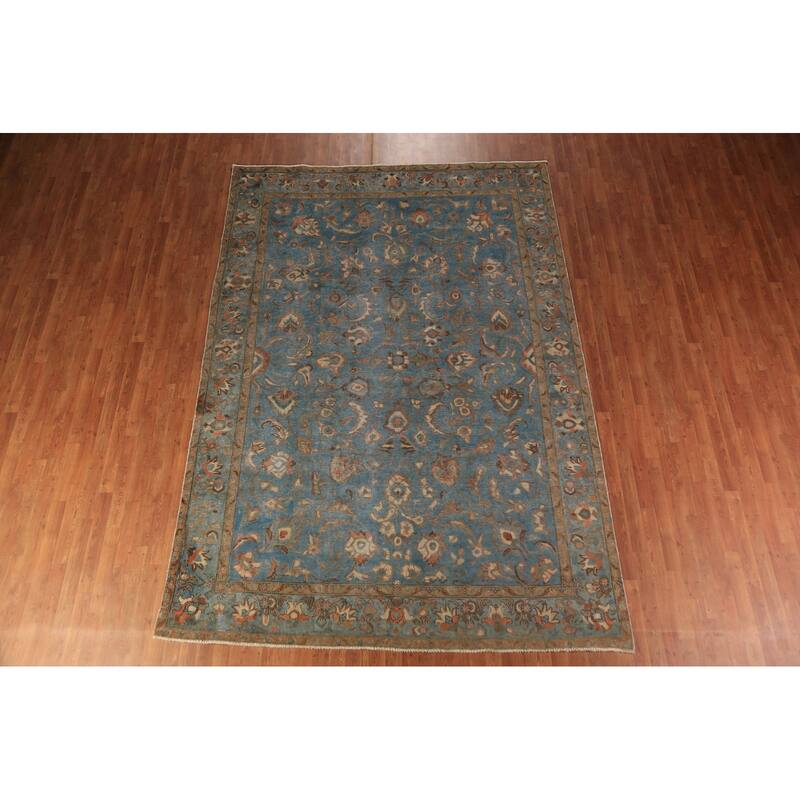 All-Over Floral Blue Tabriz Persian Area Rug Hand-Knotted Wool Carpet - 7'10"x 11'0"