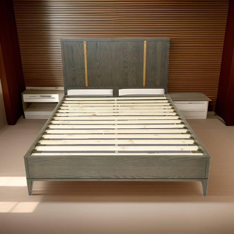 Cid Ohio King Size Platform Bed, Panel Headboard with Gold Accents, Brown