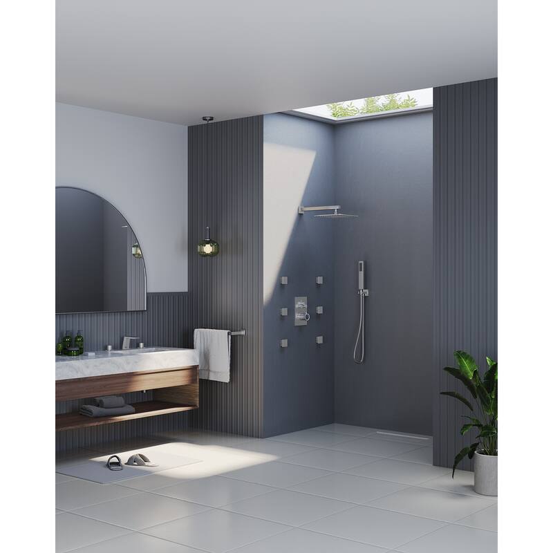 GRANDJOY Thermostatic Shower Faucet System Rainfall 12" Wall Mount Shower Faucet 6 Body Jets Handheld Spray High Pressure