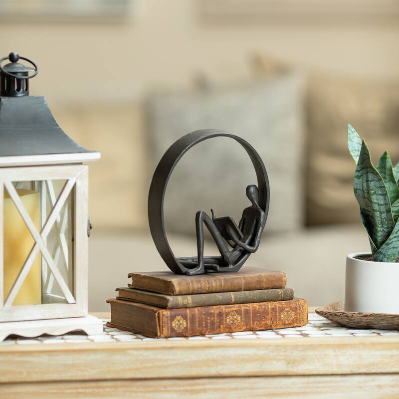 Danya B. Contemporary Encircled Reader Cast Iron Sculpture Statue - Male, Female, or Dual Bookend Options - Single Male