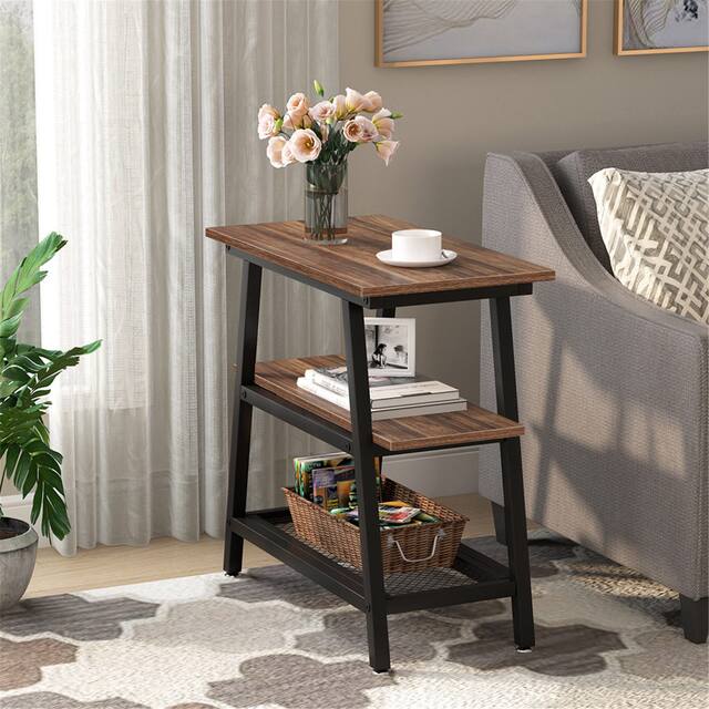 End Table, Side Table with 3-Tier Storage Shelf, - Brown