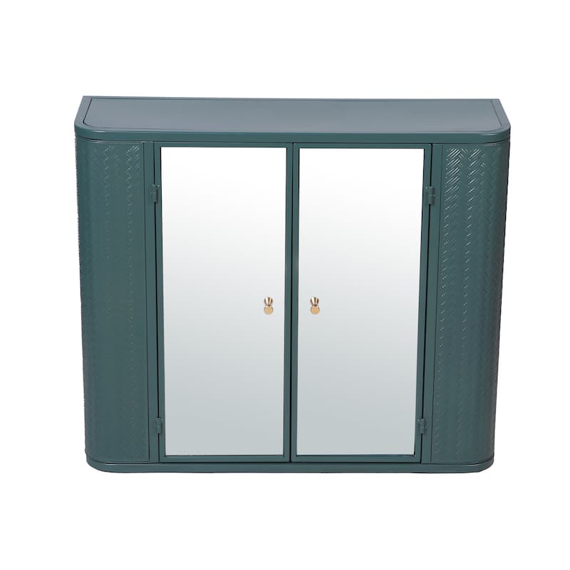 Farmhouse Metal Frame Bathroom Wall Cabinet，Dual Mirrored Doors & Open Shelf，Over-the-Sink or Toilet Storage
