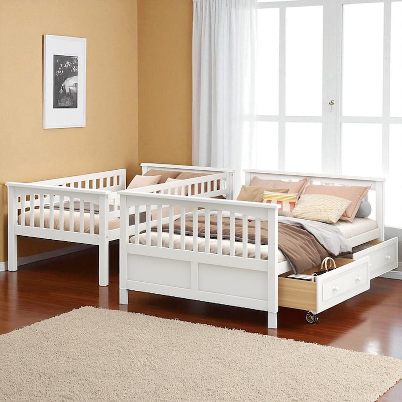 Twin over Full Bunk Bed with Drawers, Convertible to 2 Beds, Pine/MDF, Staircase & Guardrails, 79.7 x 57.5 x 61.2 in