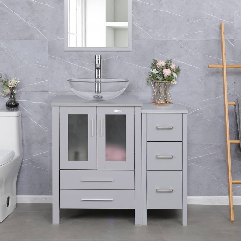 36" Bathroom Vanity Sink Gray Set with Side Cabinet Vessel Sink Faucet Combo - clear round sink