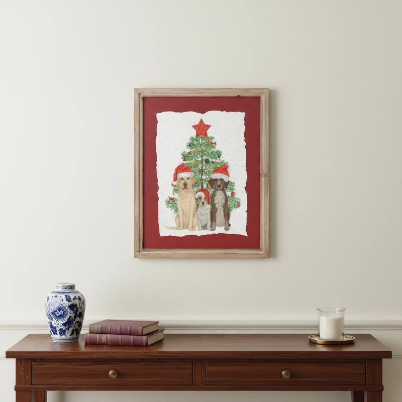 HomeRoots Holiday Dogs and Christmas Tree Brown Framed Wall Art - 11.50 in. x 15.00 in.  x 0.50 in.