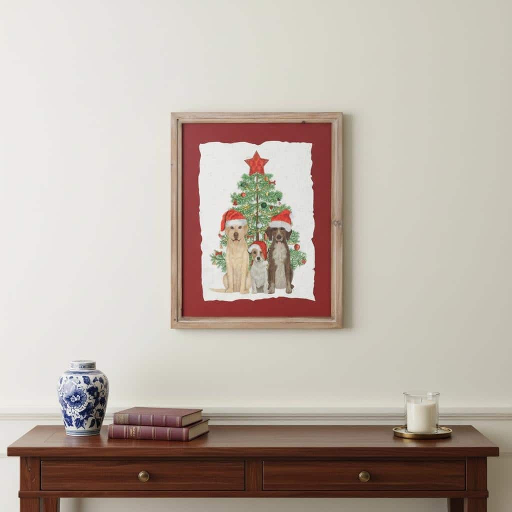 HomeRoots Holiday Dogs and Christmas Tree Brown Framed Wall Art