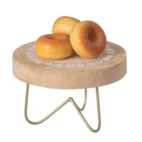 Round Wood Tree Slice Serving Tray with Gold Metal Stand