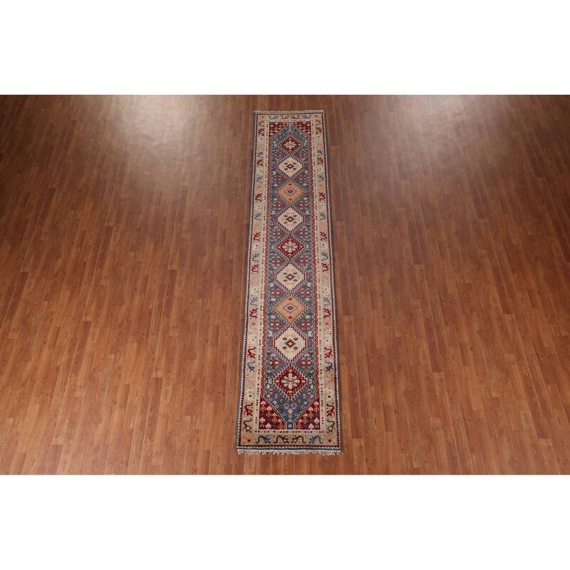 Blue Geometric Khotan Oriental Runner Rug Hand-Knotted Wool Carpet - 2'7"x 11'9"