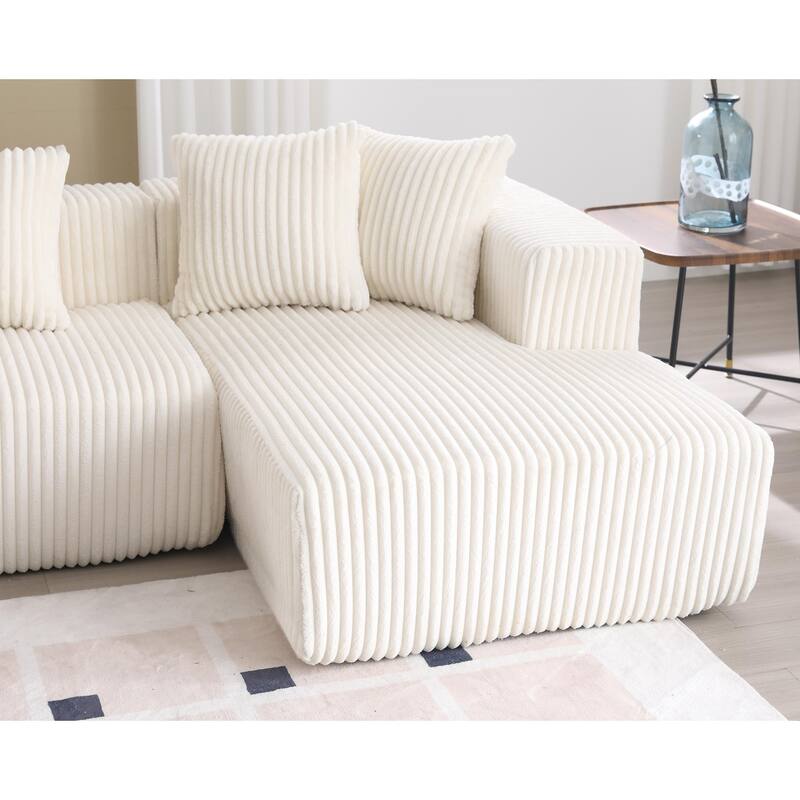 131" Modular U-shaped Sectional Couch, 4 Seater, Striped Corduroy, Ancient White