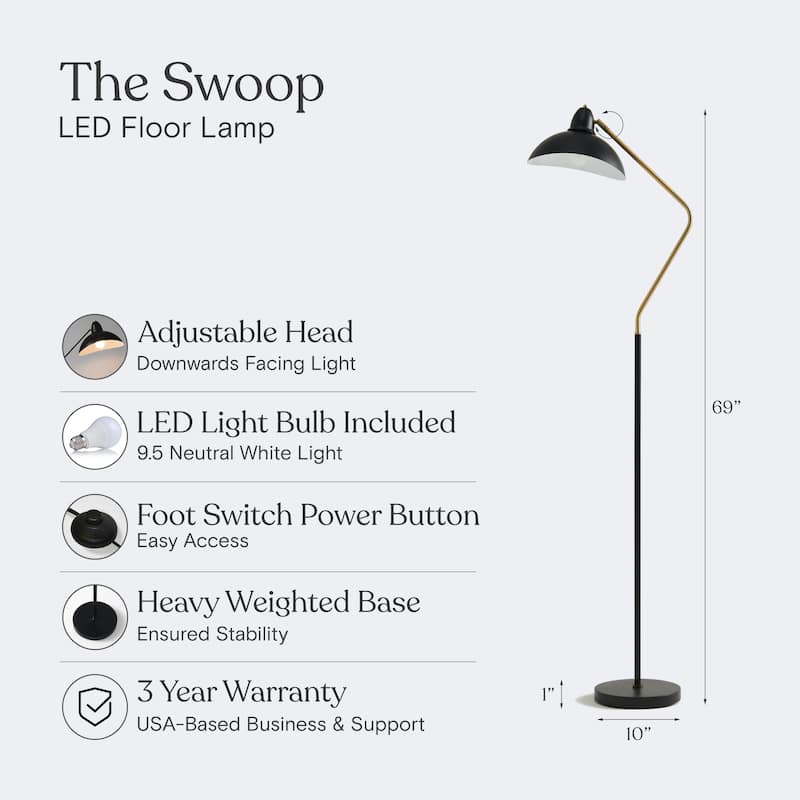 Brightech Swoop 69 in. Classic Black Industrial Adjustable LED Floor Lamp with Black Metal Bowl Shade